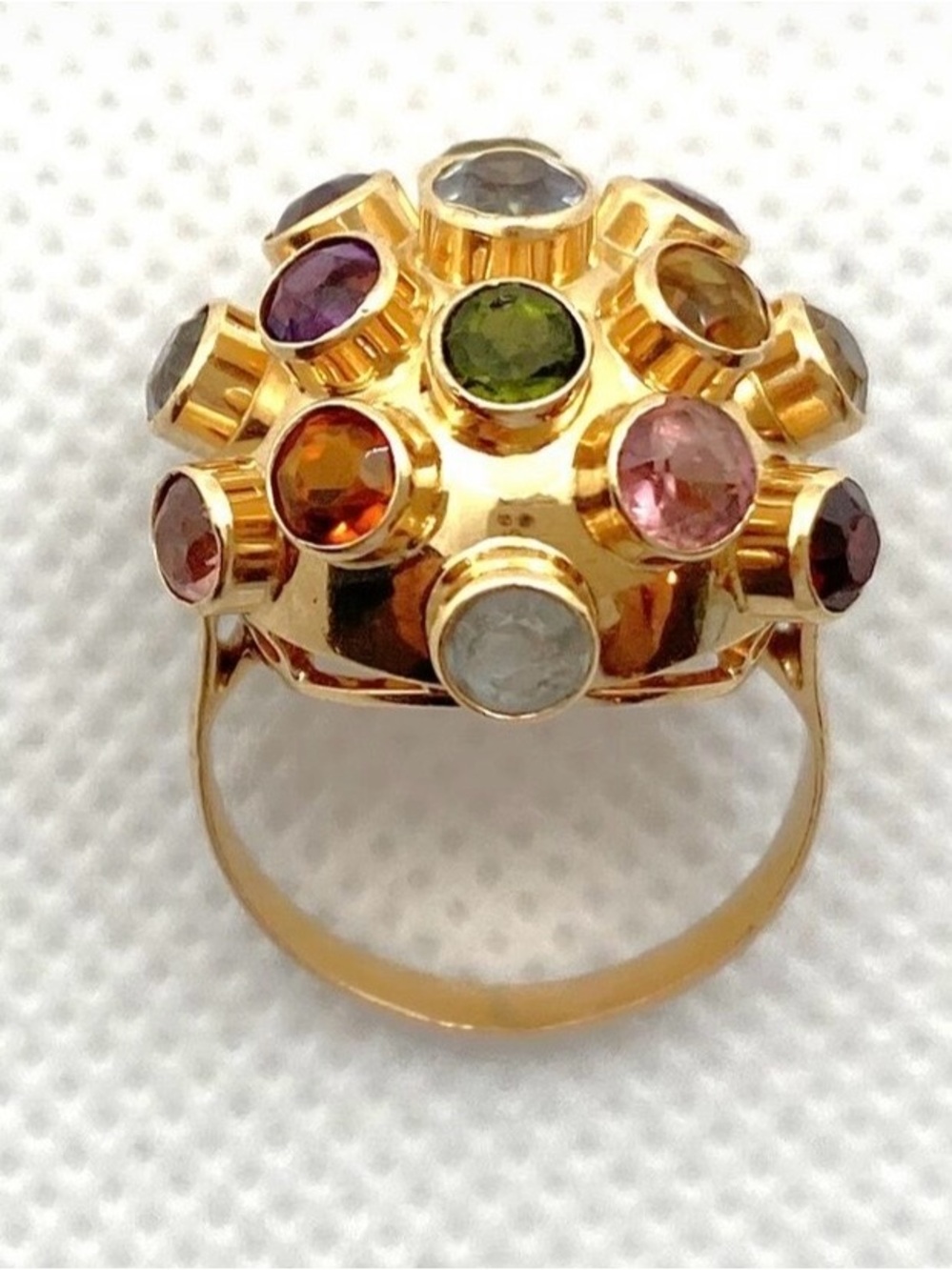 Vintage 18K Yellow Gold Sputnik Dome Ring Multi Gemstone Statement Ring  4 1/4